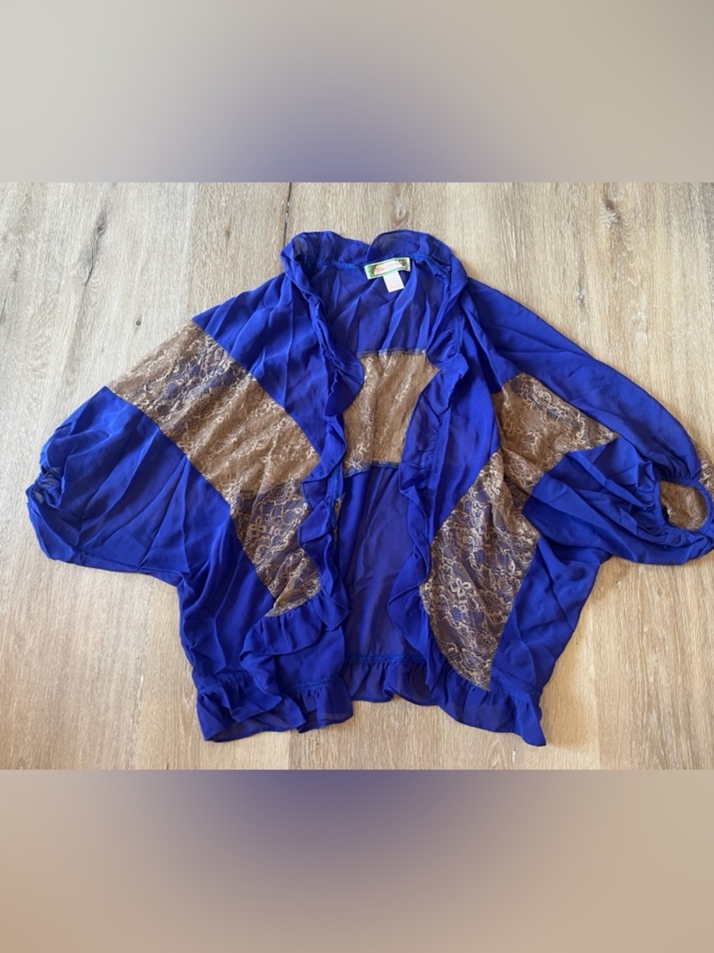 Flying Tomato Cobalt Blue Sheer Ruffled Kimono with Beige Lace Accents